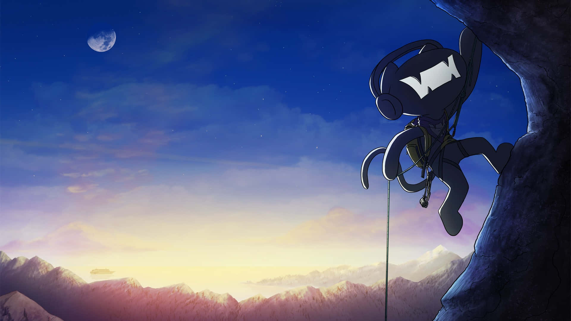 A Black And White Cartoon Character Climbing A Mountain Background