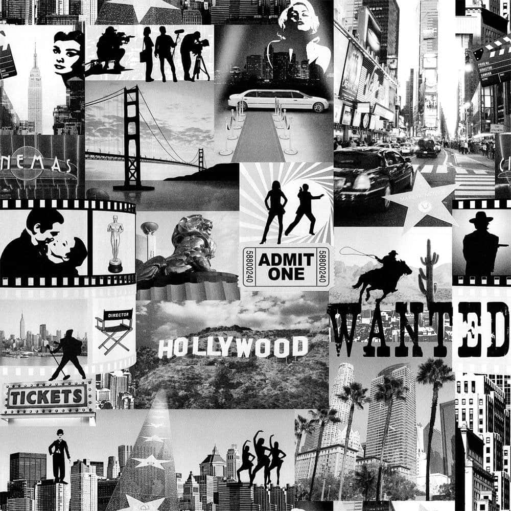 A Black And White Collage Of Various Images Of Hollywood Background