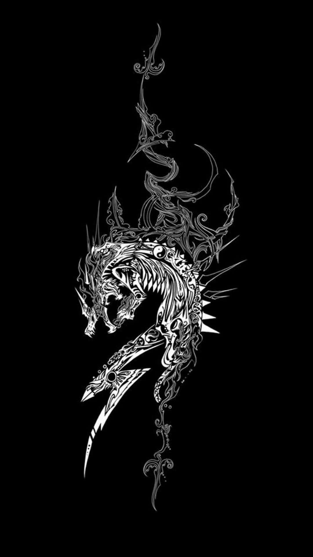 A Black And White Dragon Tattoo On A Black Background Background