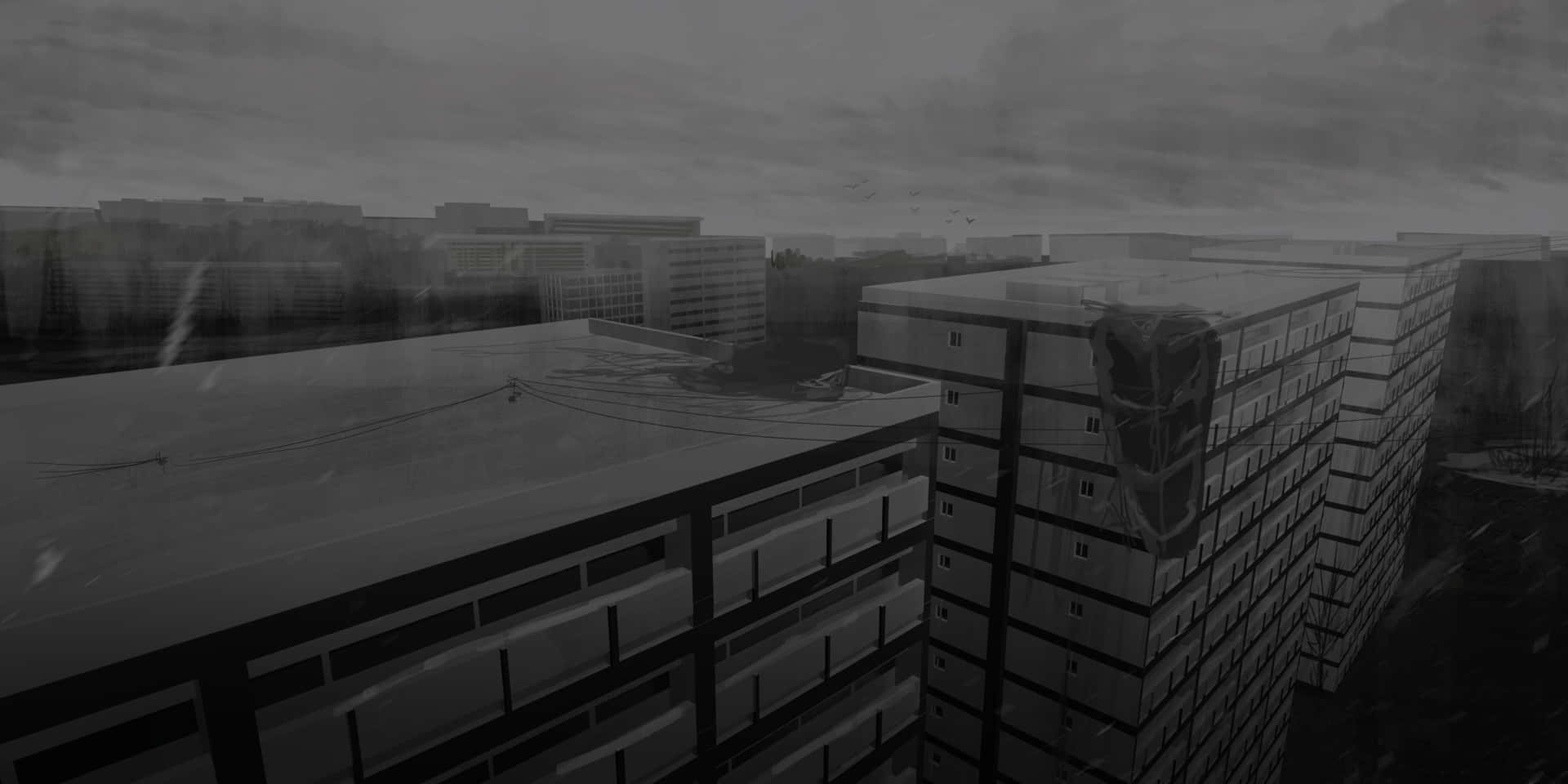 A Black And White Drawing Of A City With Buildings