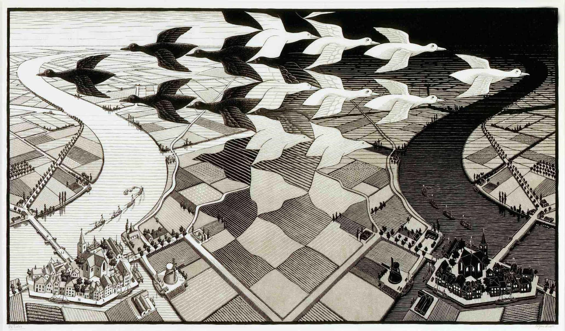 A Black And White Drawing Of A Flock Of Birds Flying Over A City Background