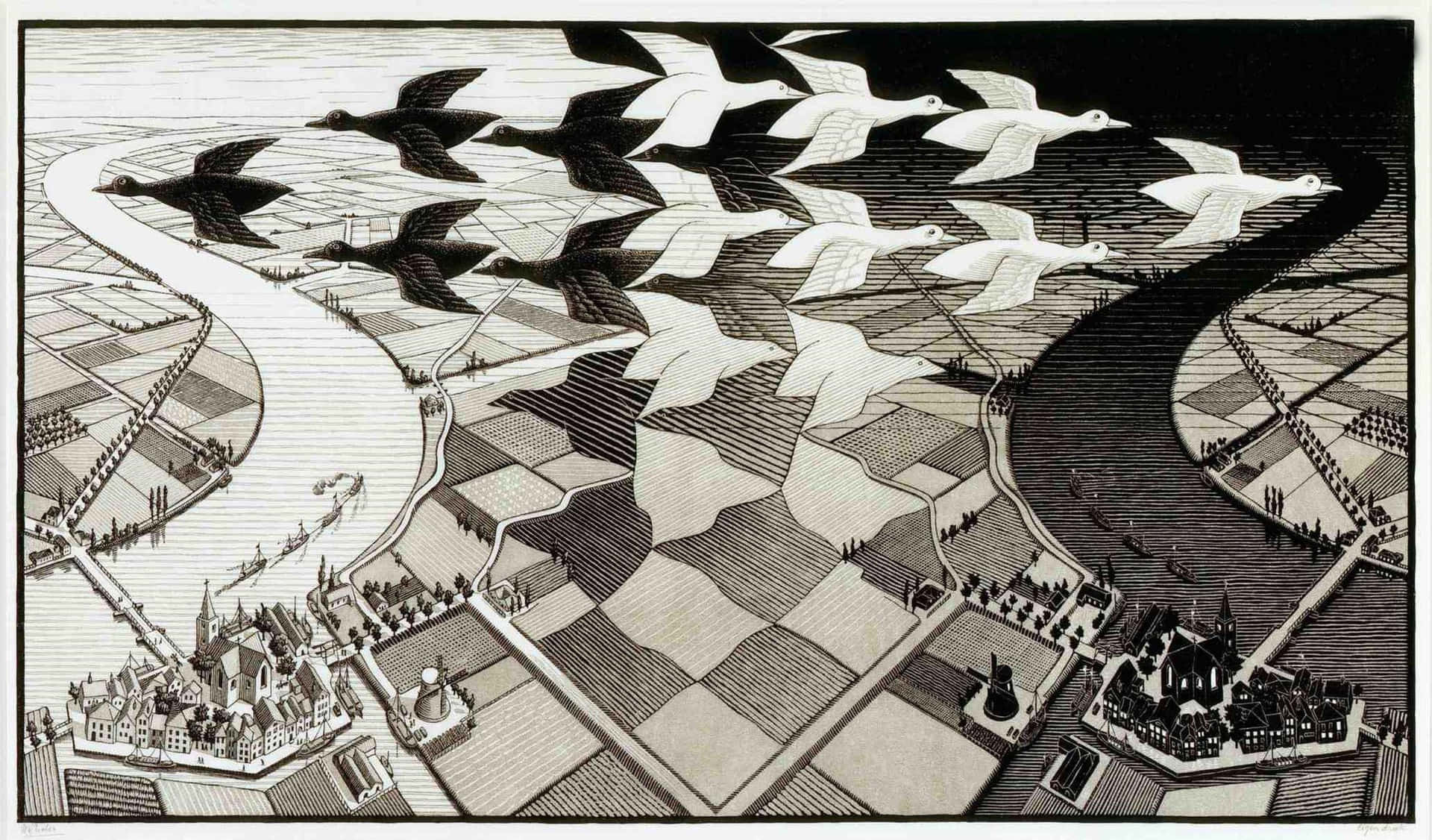 A Black And White Drawing Of A Flock Of Birds Flying Over A City