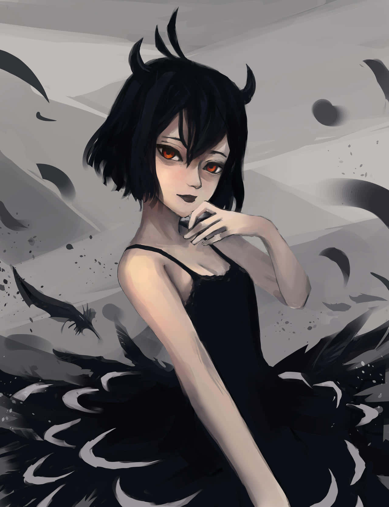 A Black And White Drawing Of A Girl With Black Hair Background