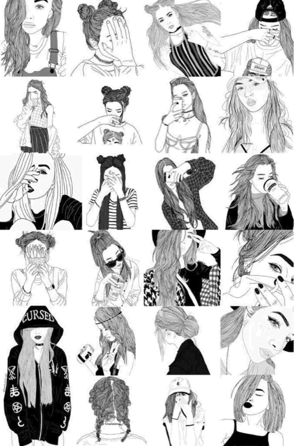 A Black And White Drawing Of A Girl With Different Hair Styles Background