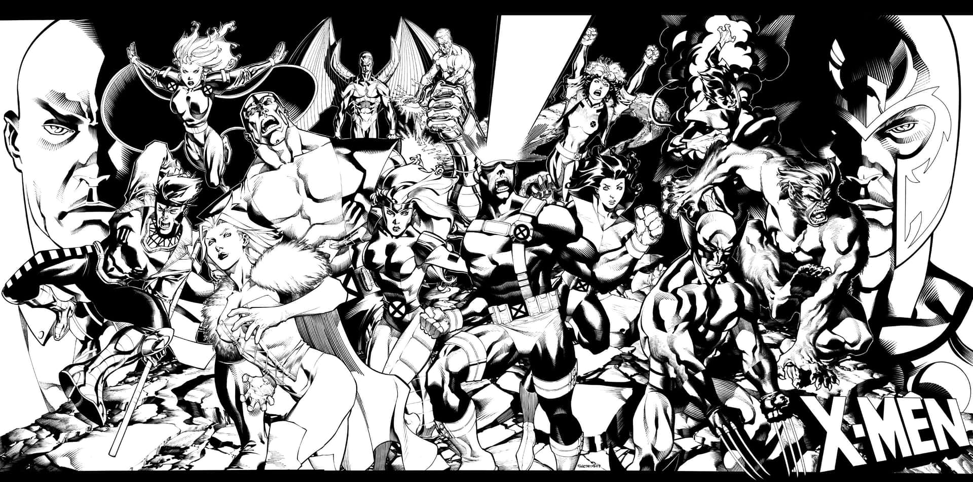 A Black And White Drawing Of A Group Of Comic Characters Background