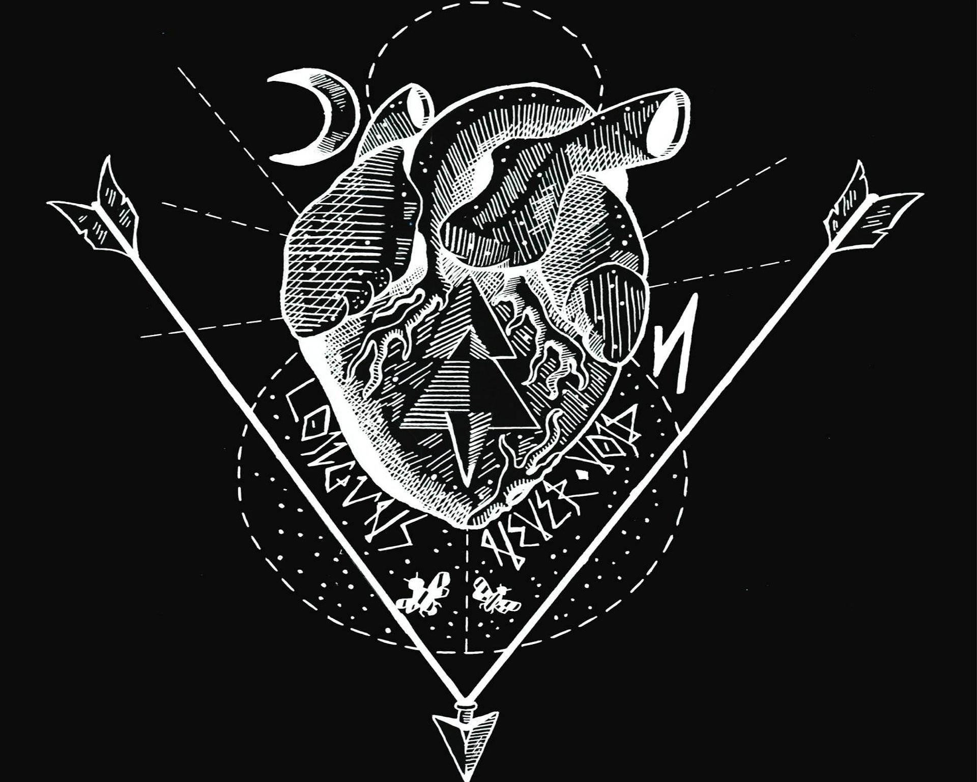 A Black And White Drawing Of A Heart With Arrows Background
