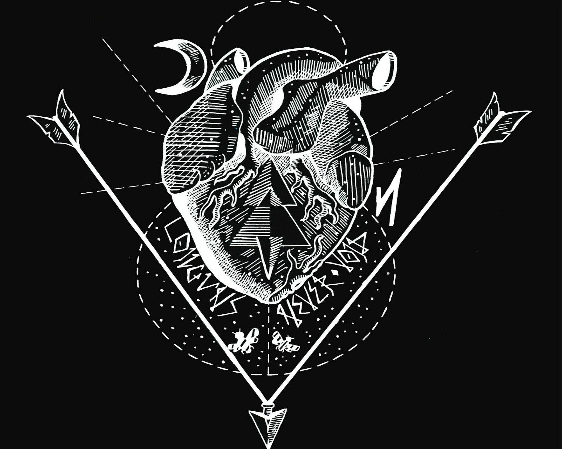 A Black And White Drawing Of A Heart With Arrows