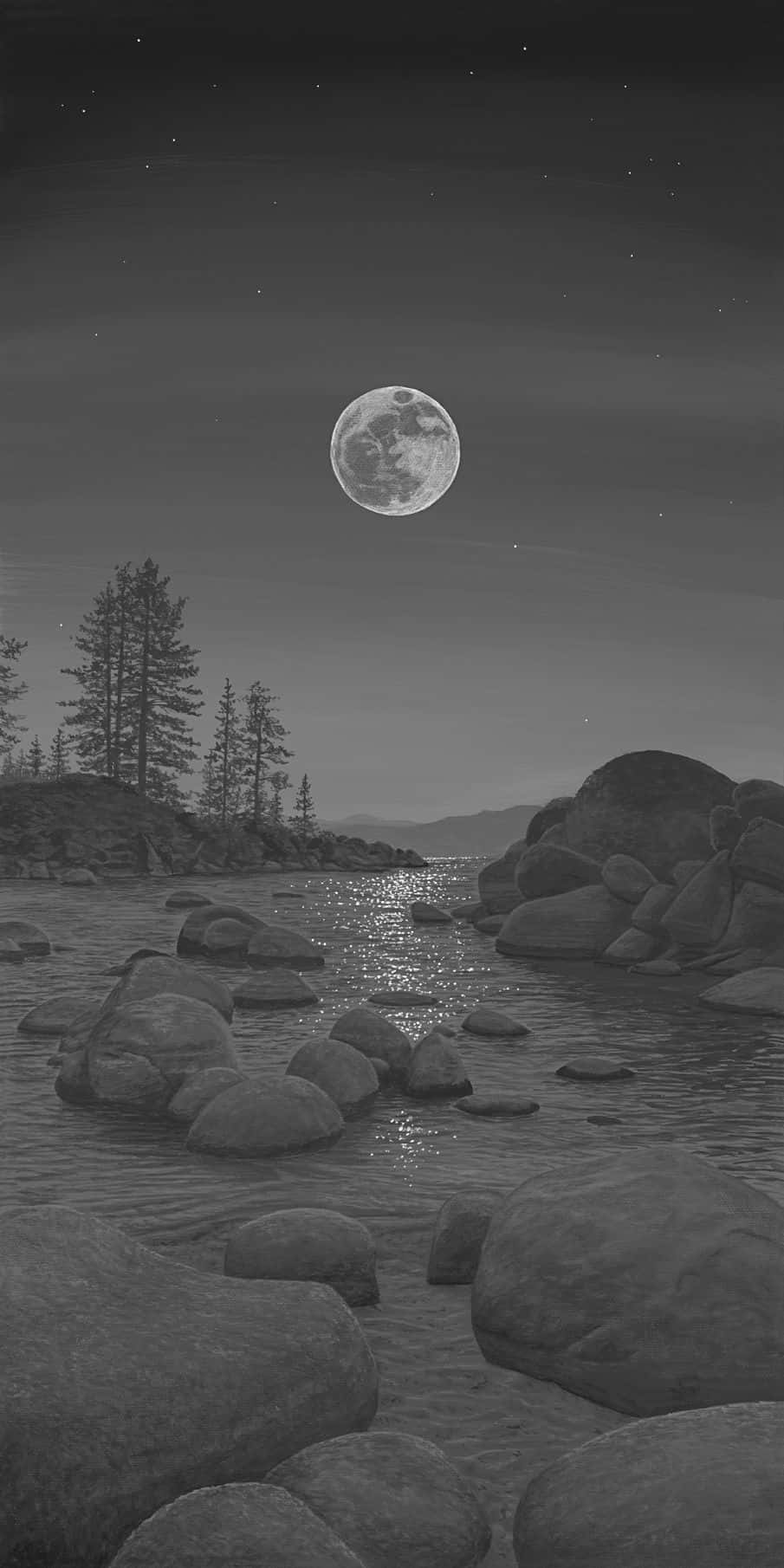 A Black And White Drawing Of A Moon Over A Lake Background