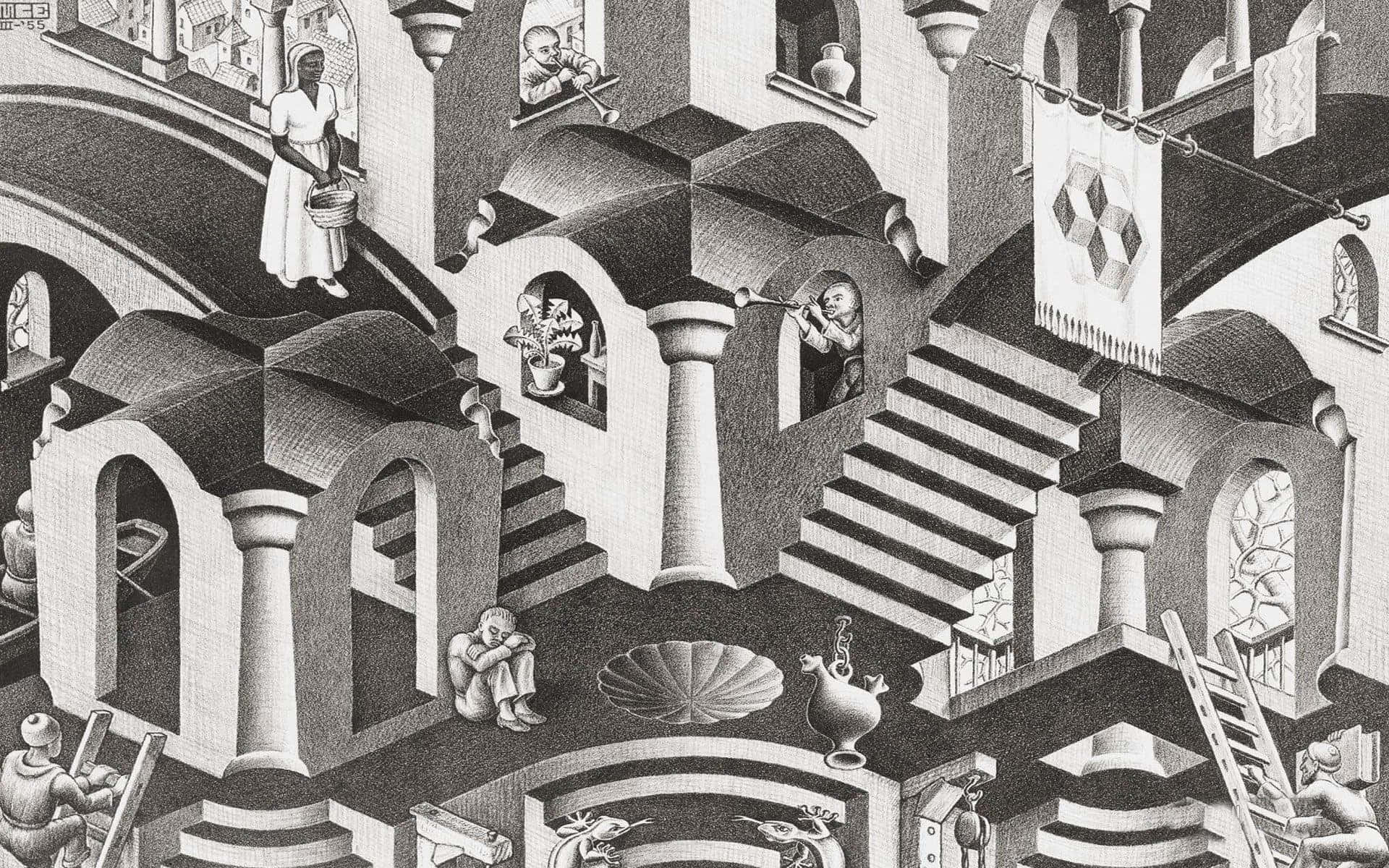 A Black And White Drawing Of A Staircase With People In It