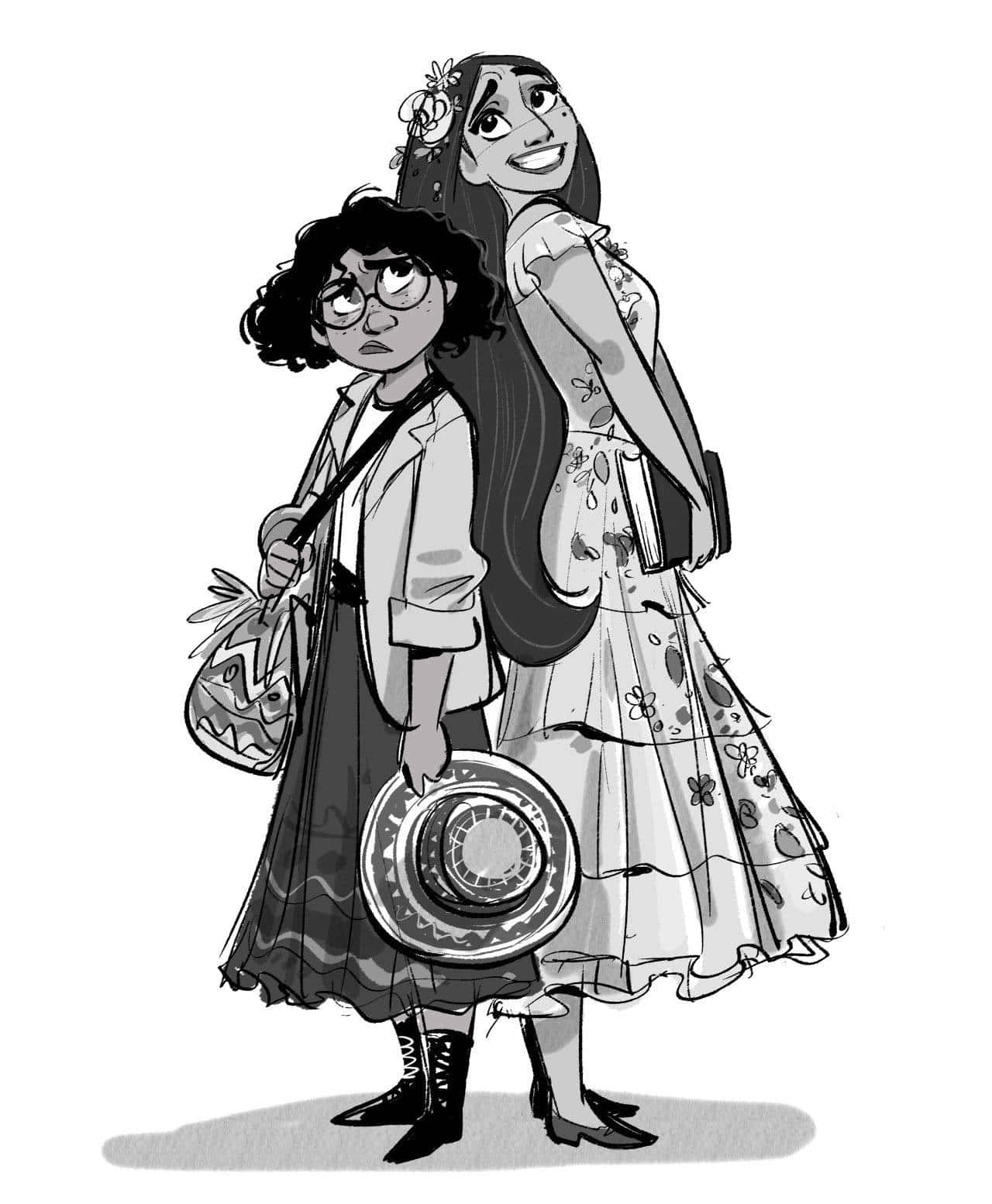 A Black And White Drawing Of Two Women In Dresses Background