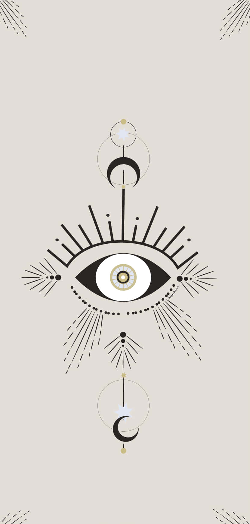 A Black And White Illustration Of An Eye With A Crescent Moon And Stars Background