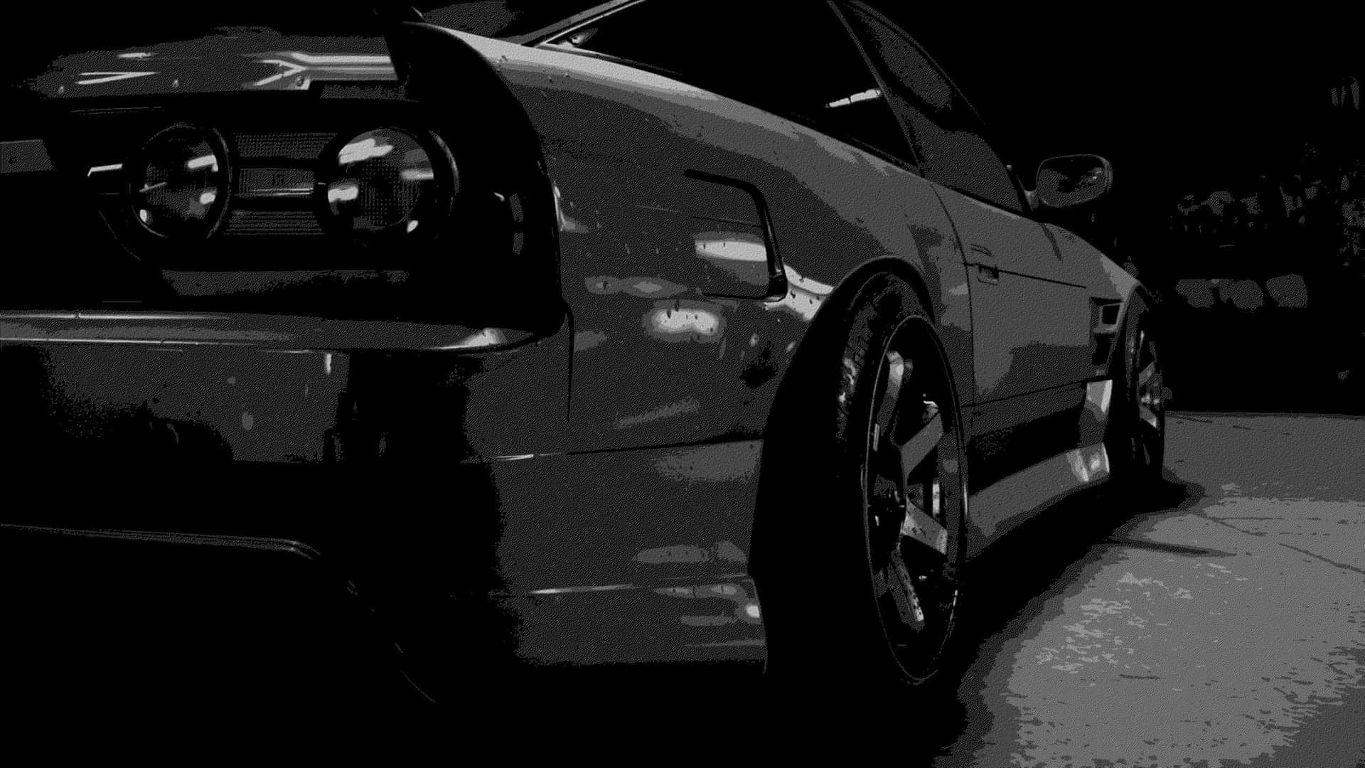 A Black And White Image Of A Car In A Garage Background