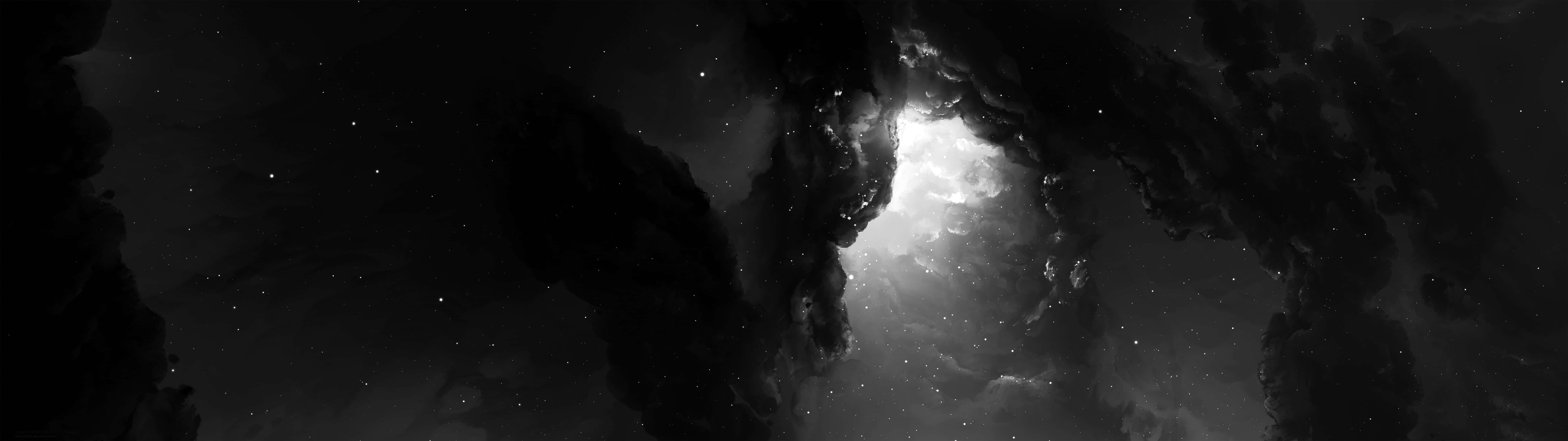 A Black And White Image Of A Cave With Stars Background