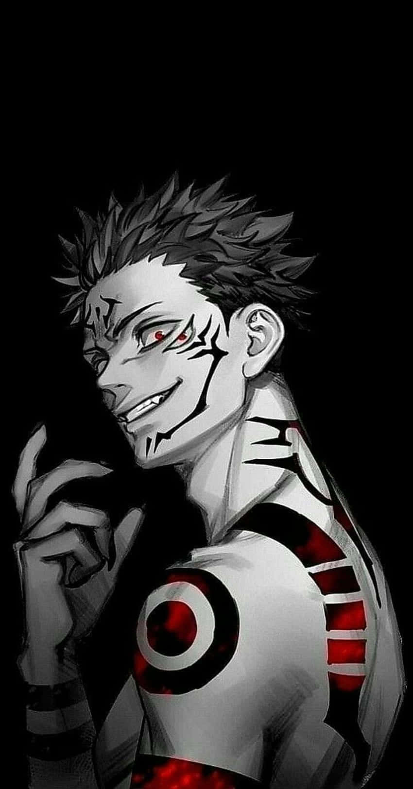 A Black And White Image Of A Character With Red And White Tattoos Background