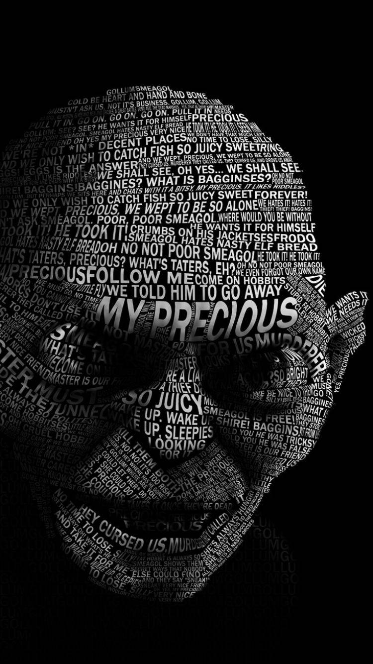 A Black And White Image Of A Dwarves Head With The Words My Precious