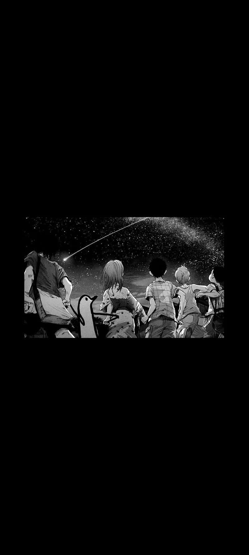 A Black And White Image Of A Group Of People In The Night Background