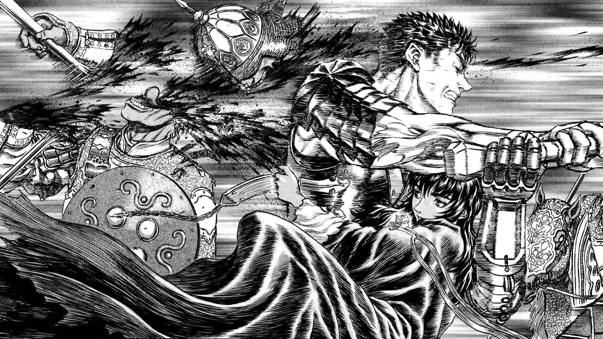 A Black And White Image Of A Man With A Sword Background