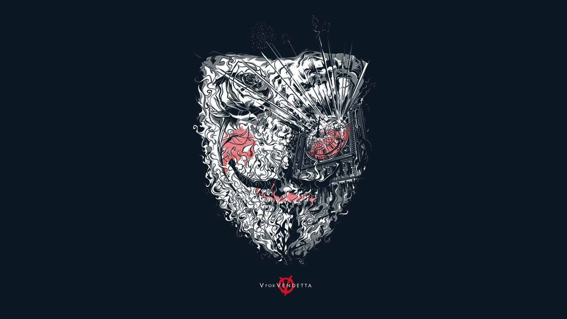 A Black And White Image Of A Mask With Red Eyes Background