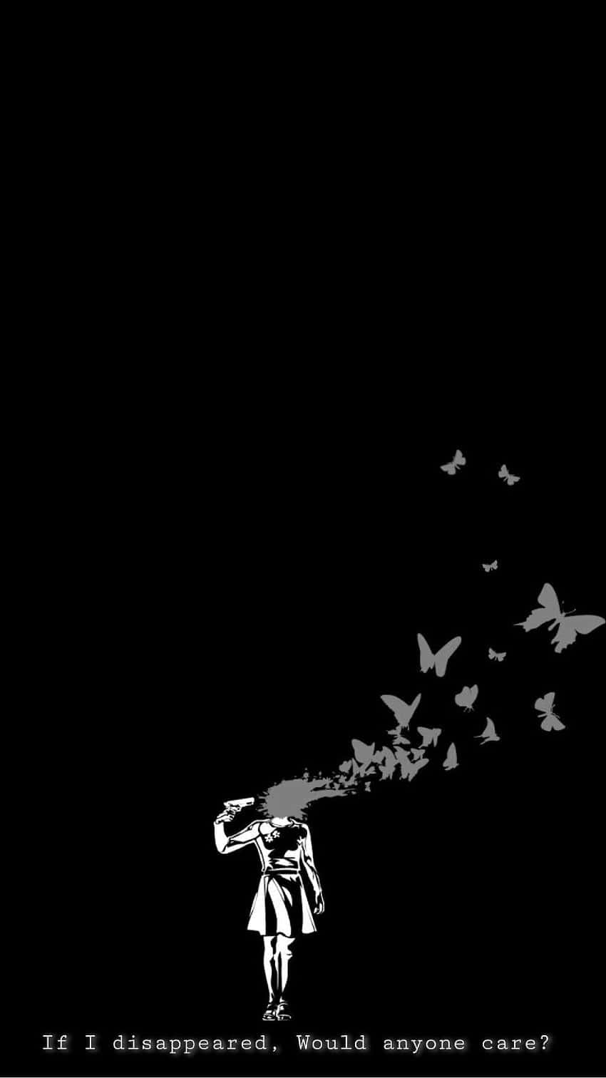 A Black And White Image Of A Person With Birds Flying Around Background