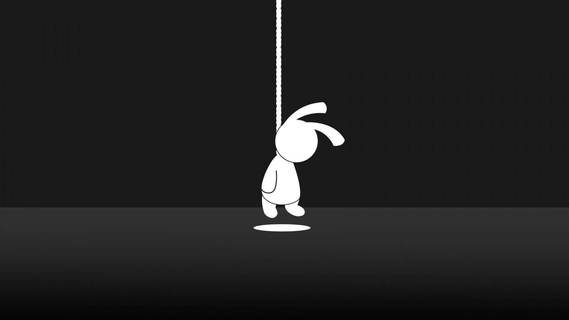 A Black And White Image Of A Rabbit Hanging From A Rope
