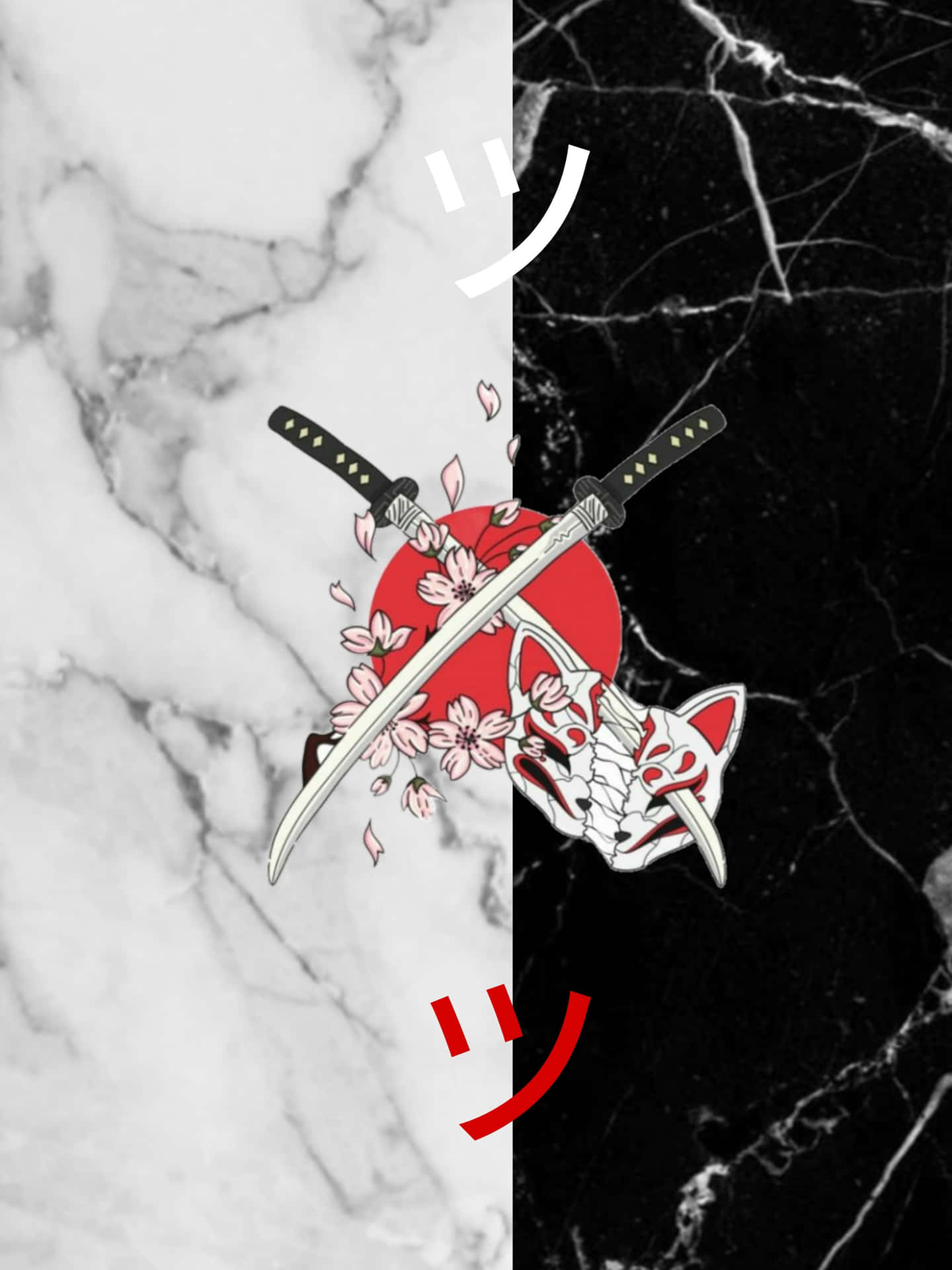 A Black And White Image Of A Samurai Sword And A Smiley Face Background