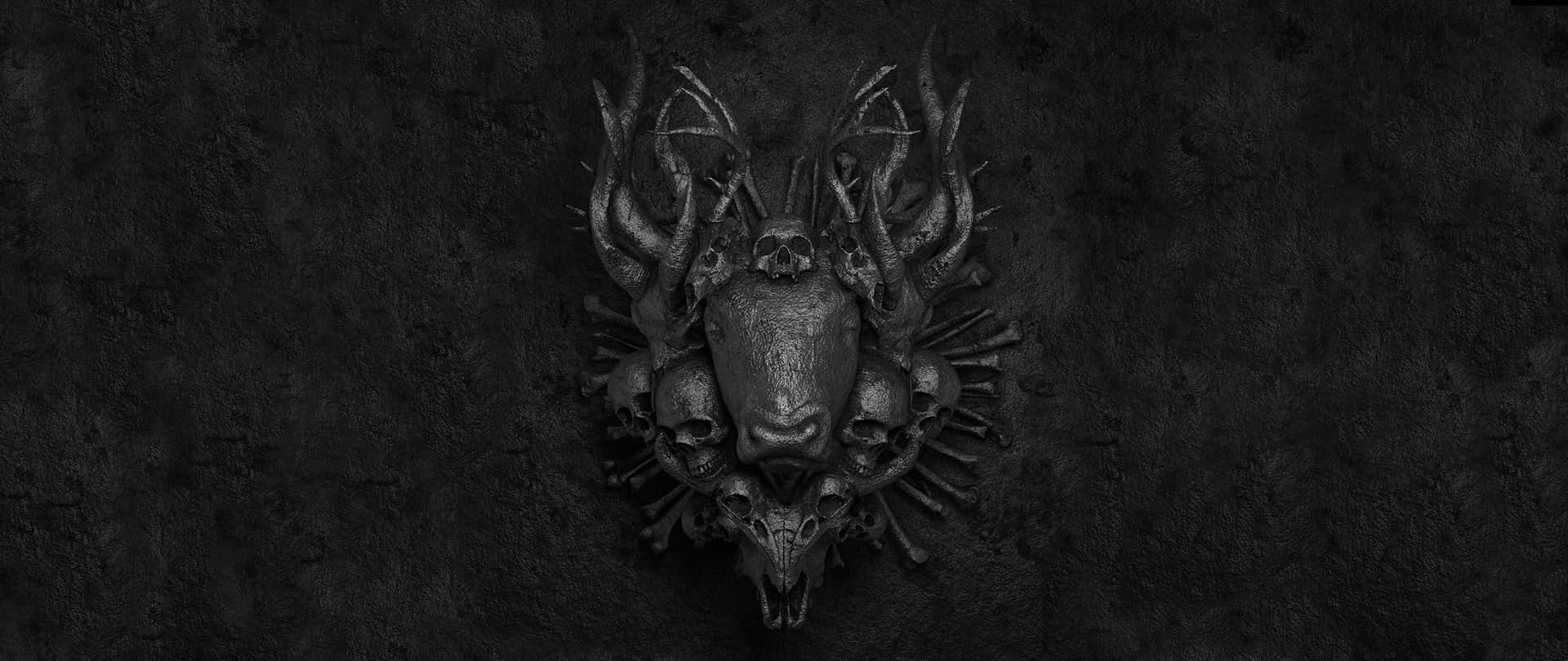 A Black And White Image Of A Skull On A Wall Background