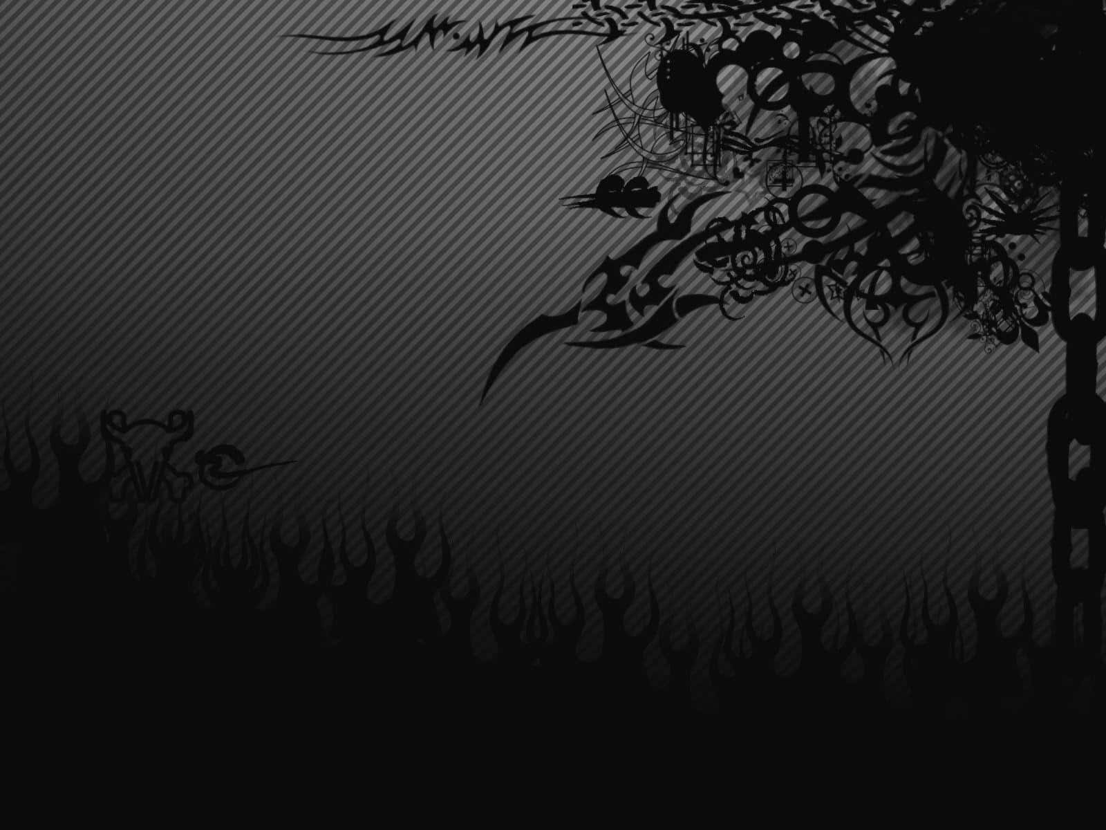 A Black And White Image Of A Skull With Flames Background