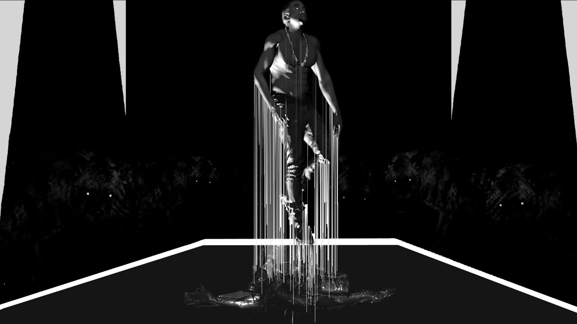A Black And White Image Of A Woman Standing On A Platform Background