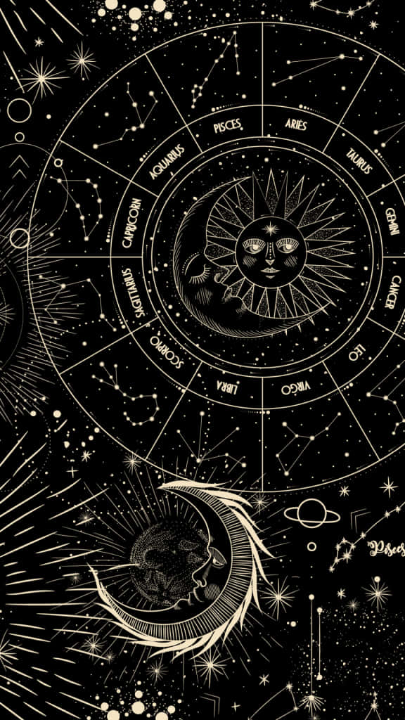 A Black And White Image Of A Zodiac Chart Background