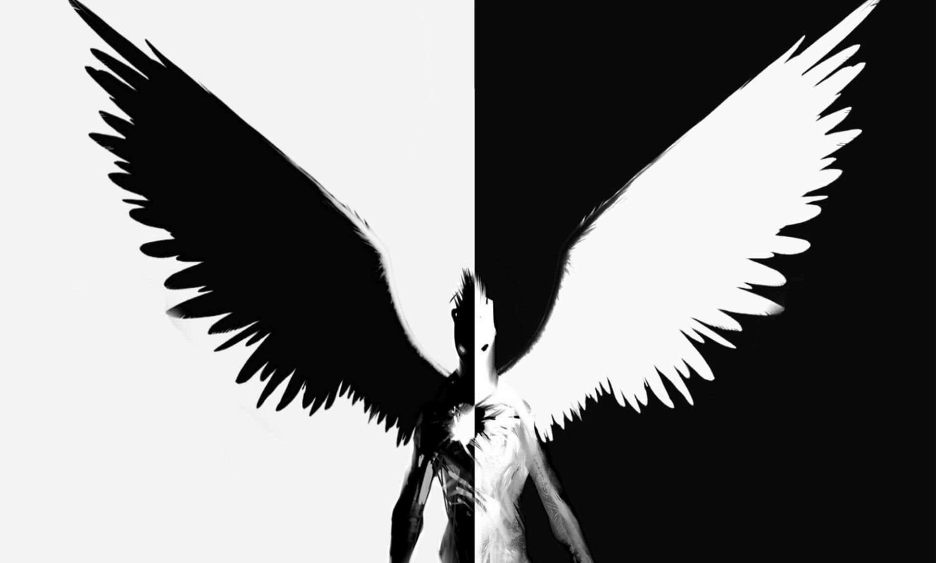 A Black And White Image Of An Angel With Wings Background