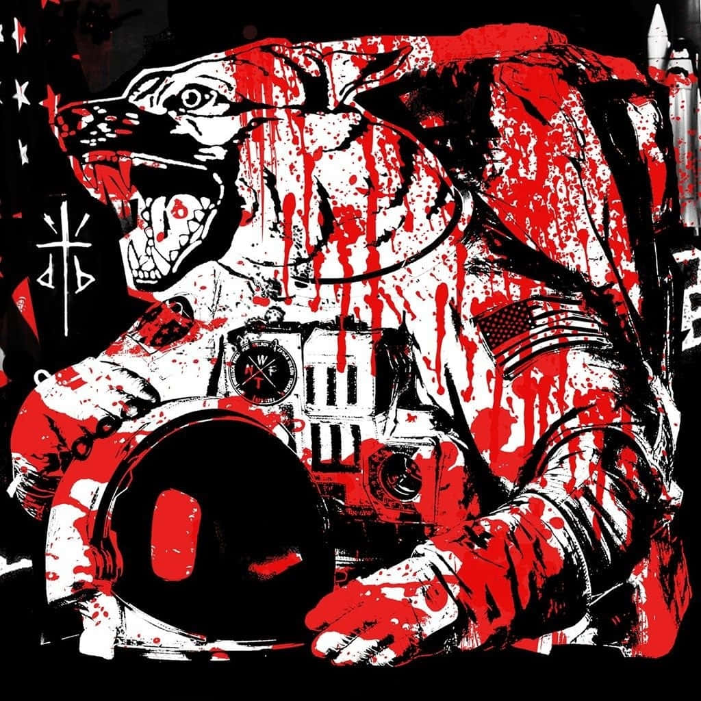 A Black And White Image Of An Astronaut With A Red Splatter Background