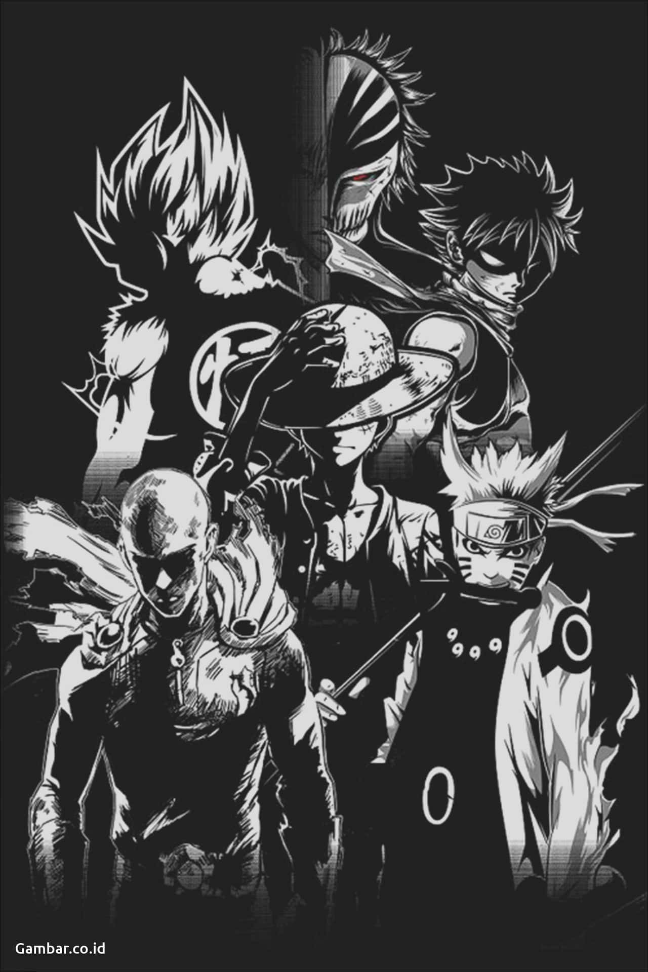 A Black And White Image Of Anime Characters Background