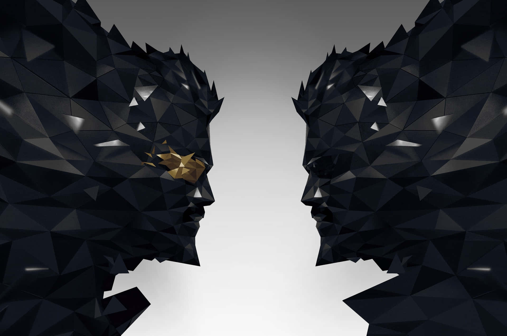 A Black And White Image Of Two Faces With Gold Heads
