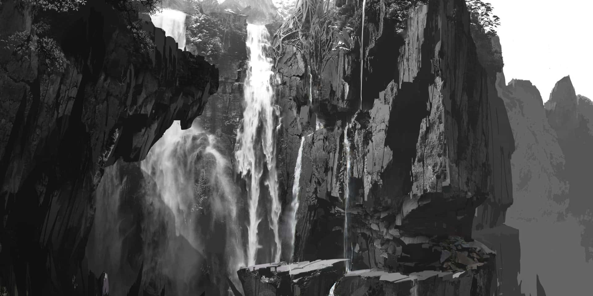 A Black And White Painting Of A Waterfall Background
