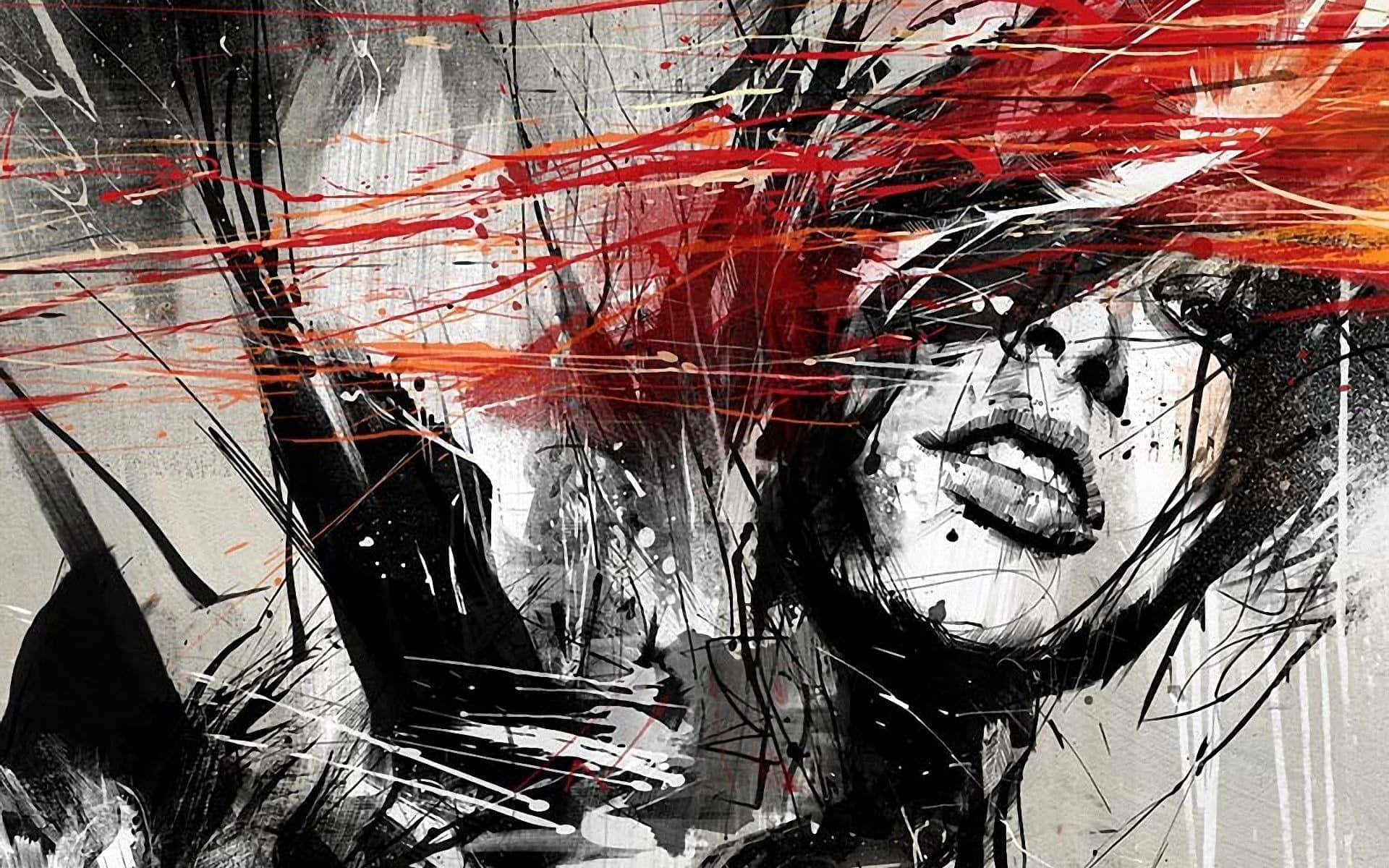 A Black And White Painting Of A Woman With A Gun Background