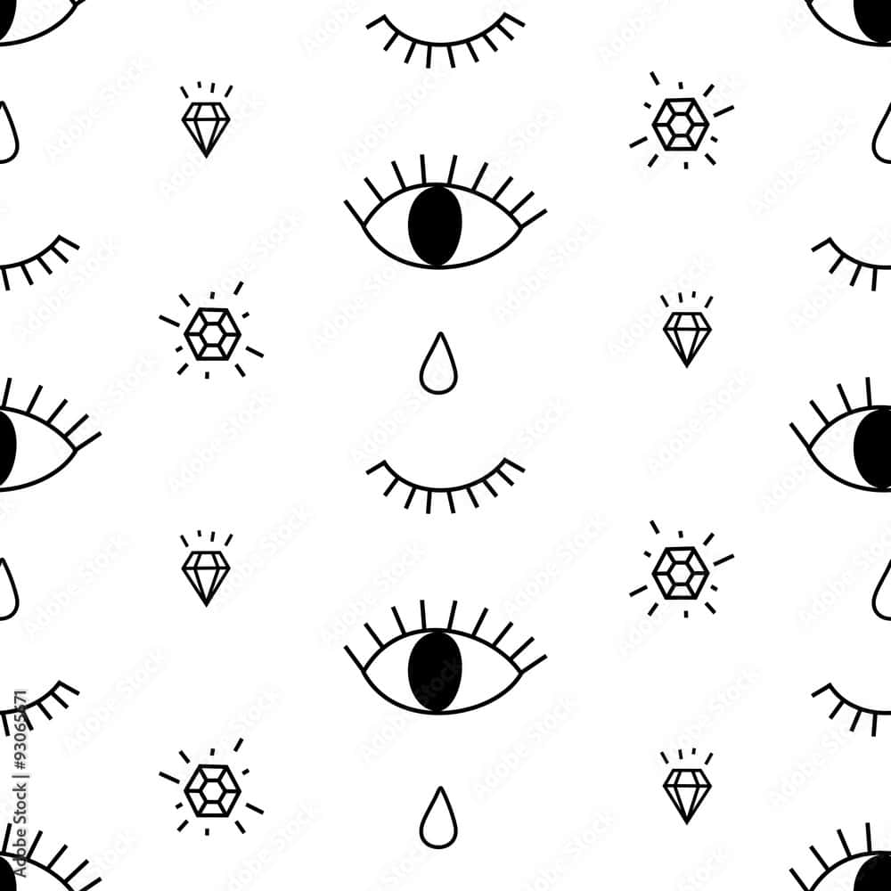 A Black And White Pattern With Eyes And Stars Background