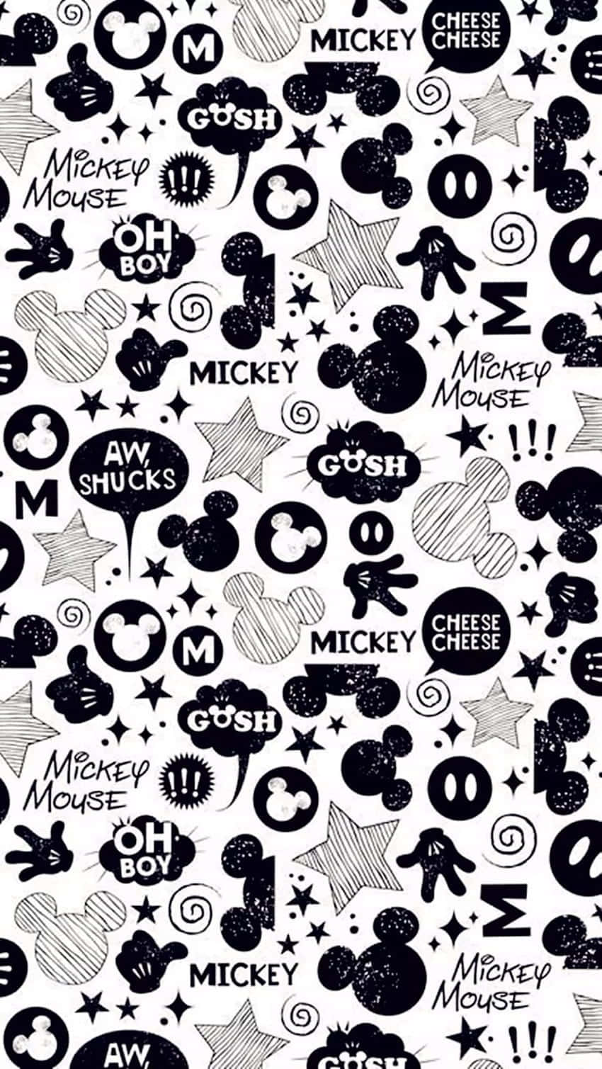 A Black And White Pattern With Mickey Mouse And Other Characters Background