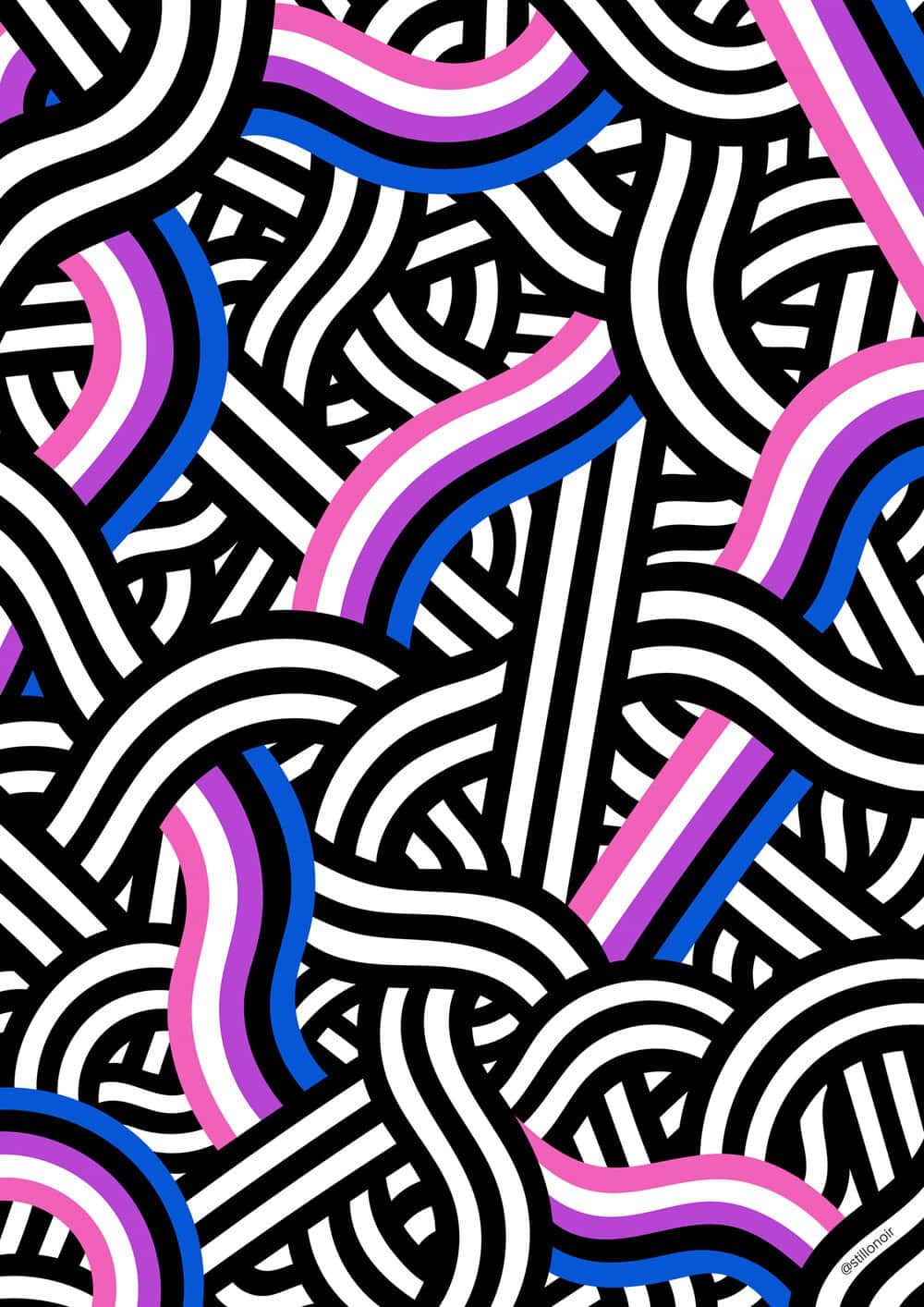 A Black And White Pattern With Pink And Blue Lines Background