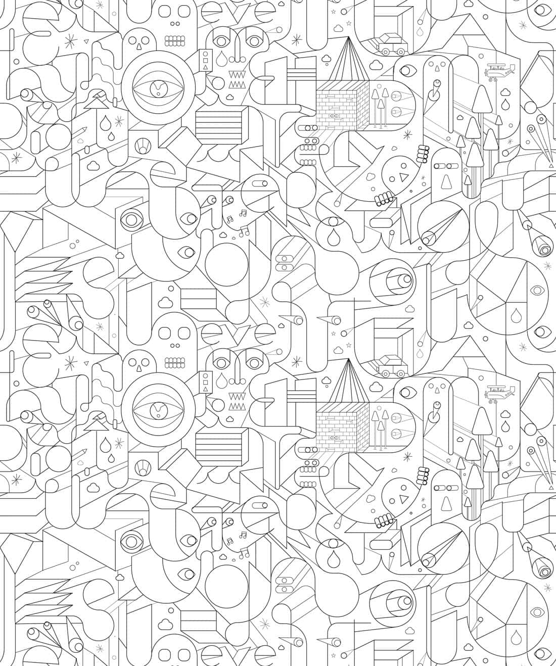 A Black And White Pattern With Various Objects