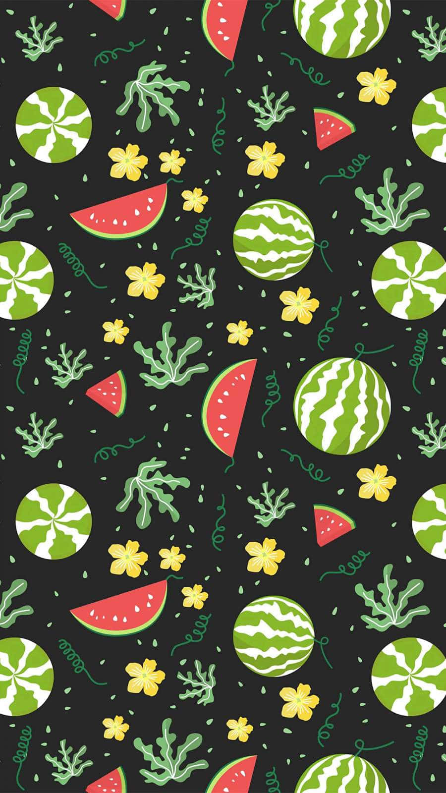 A Black And White Pattern With Watermelon And Other Fruits Background