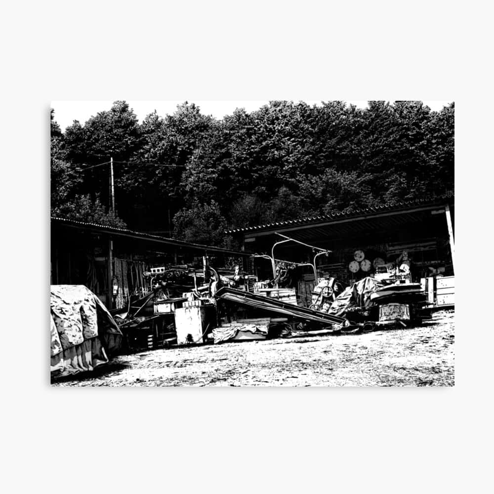 A Black And White Photo Of A Farm With A Tractor Background