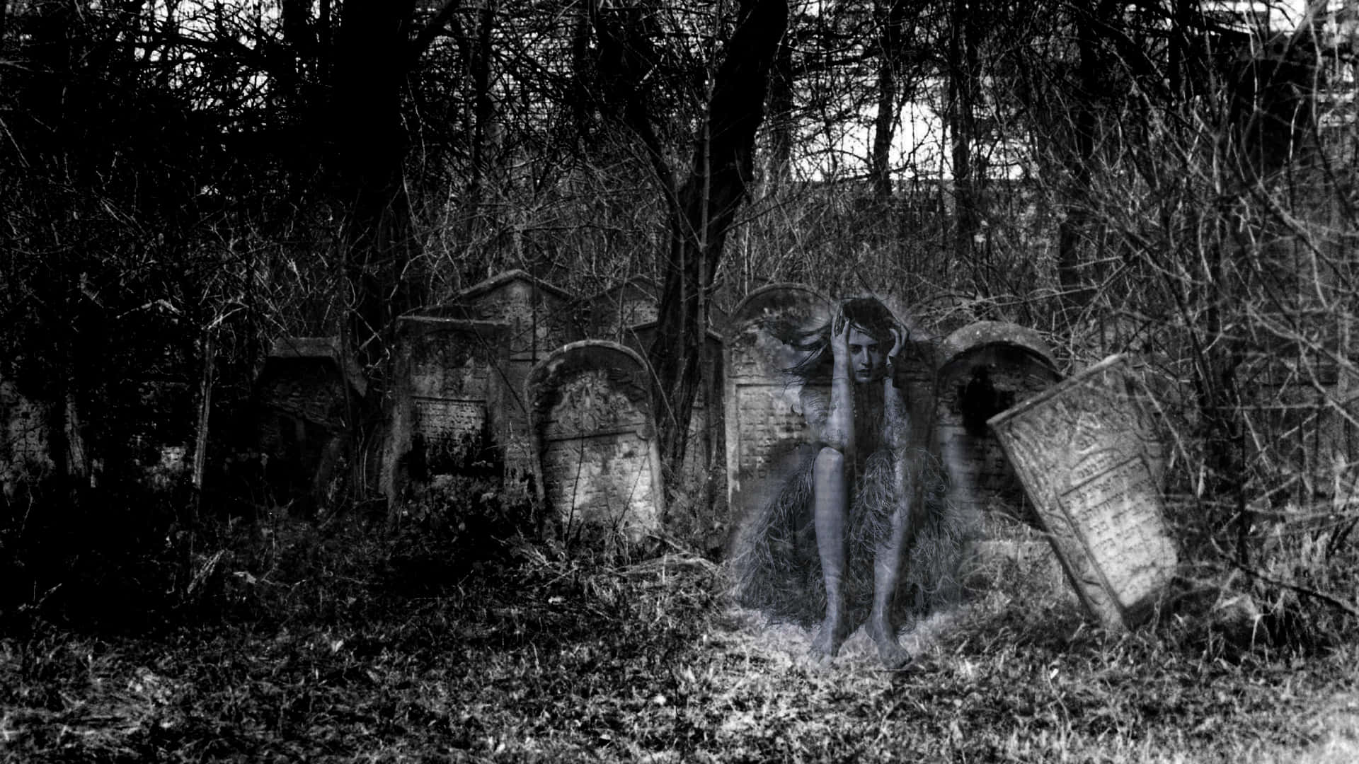 A Black And White Photo Of A Ghost In A Cemetery Background
