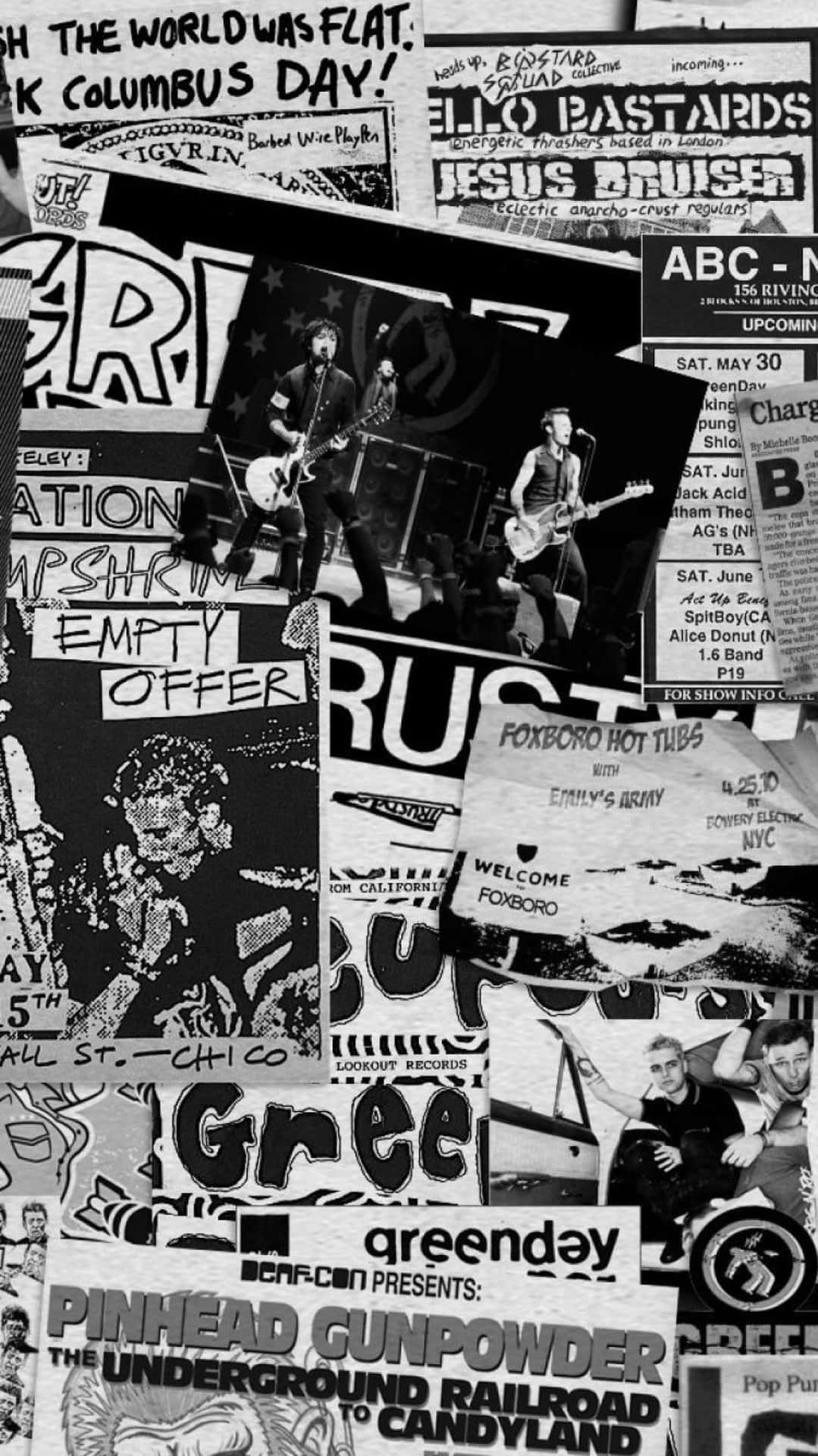 A Black And White Photo Of A Poster With Many Different Bands Background