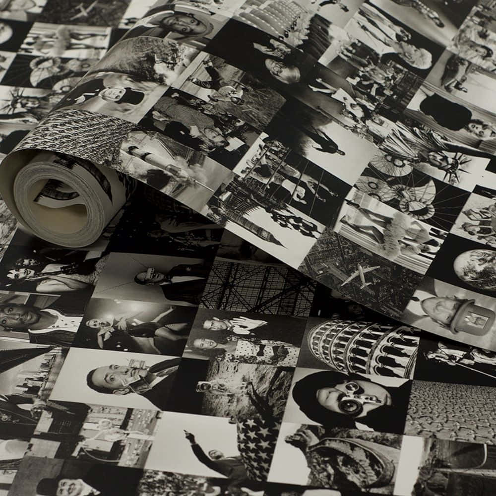A Black And White Photo Paper With Many Pictures On It Background