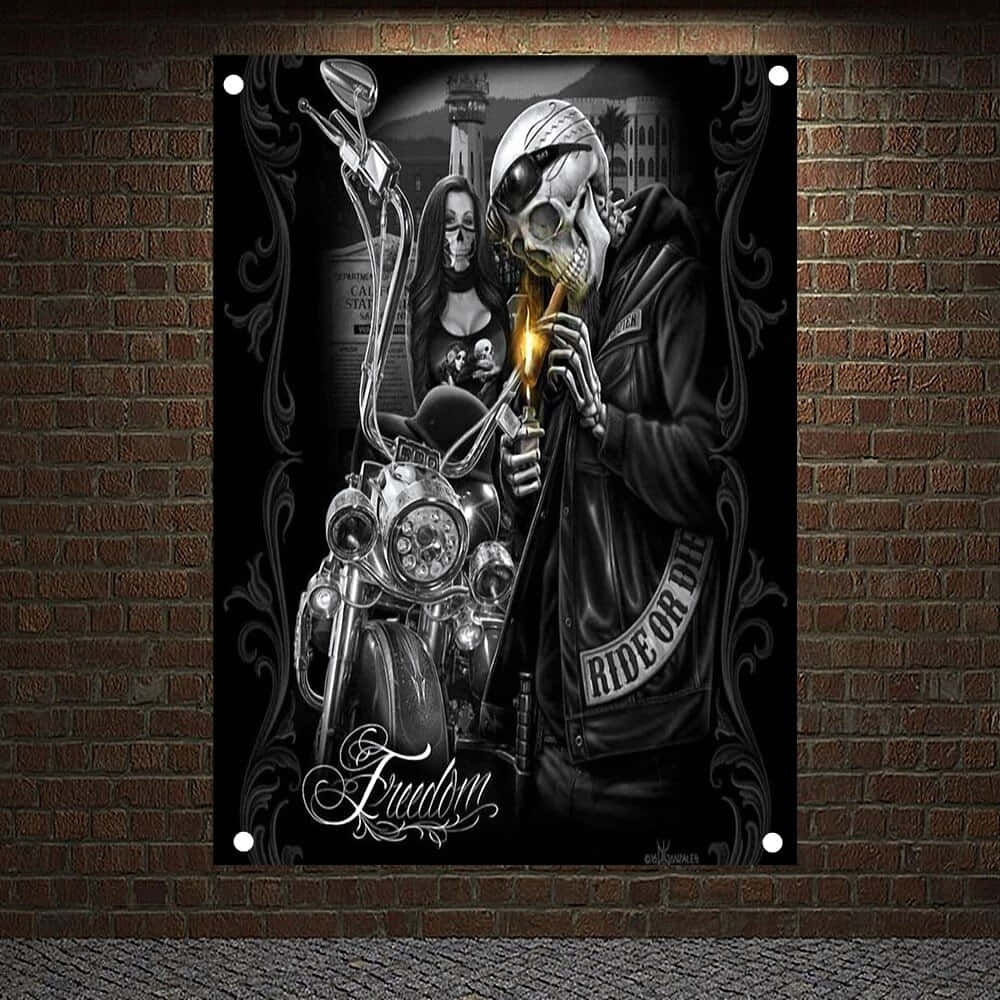 A Black And White Poster With A Skeleton On A Motorcycle