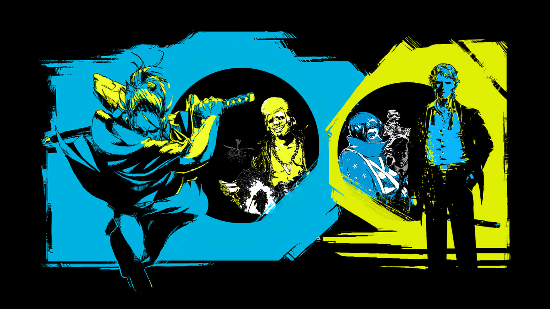A Black And Yellow Poster With A Group Of People Background