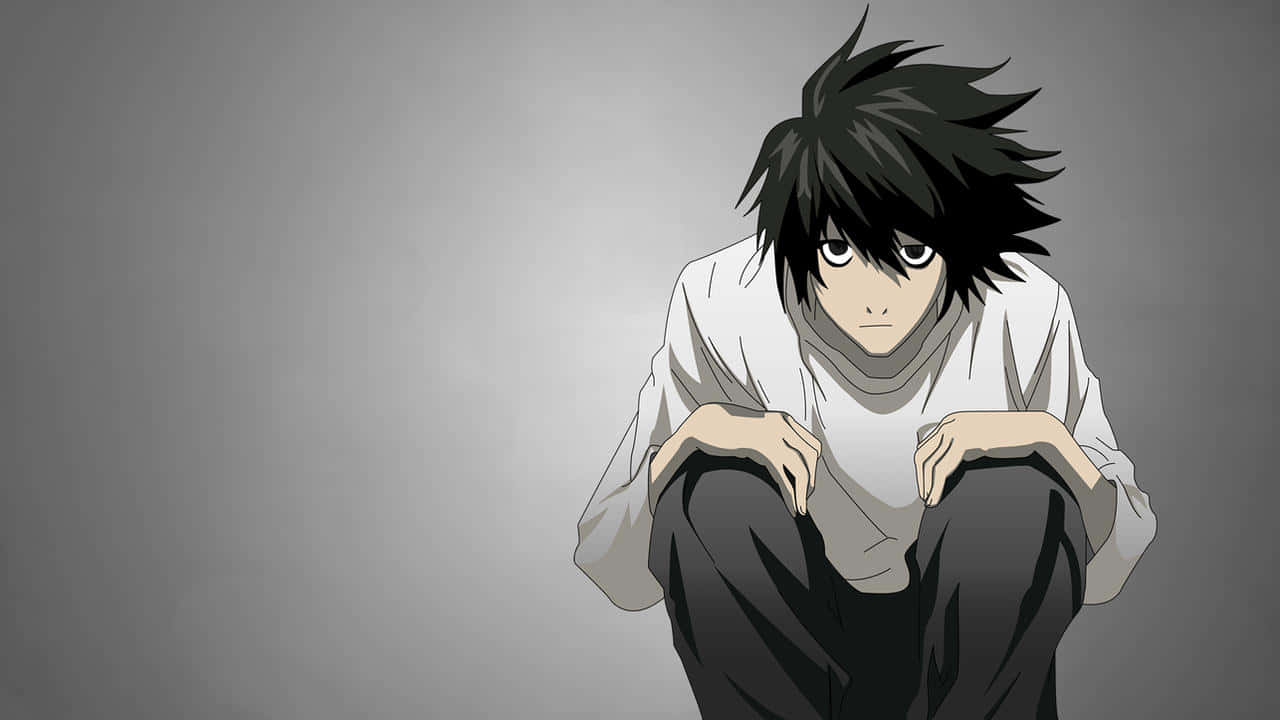 A Black Anime Character Sitting Down On The Ground Background