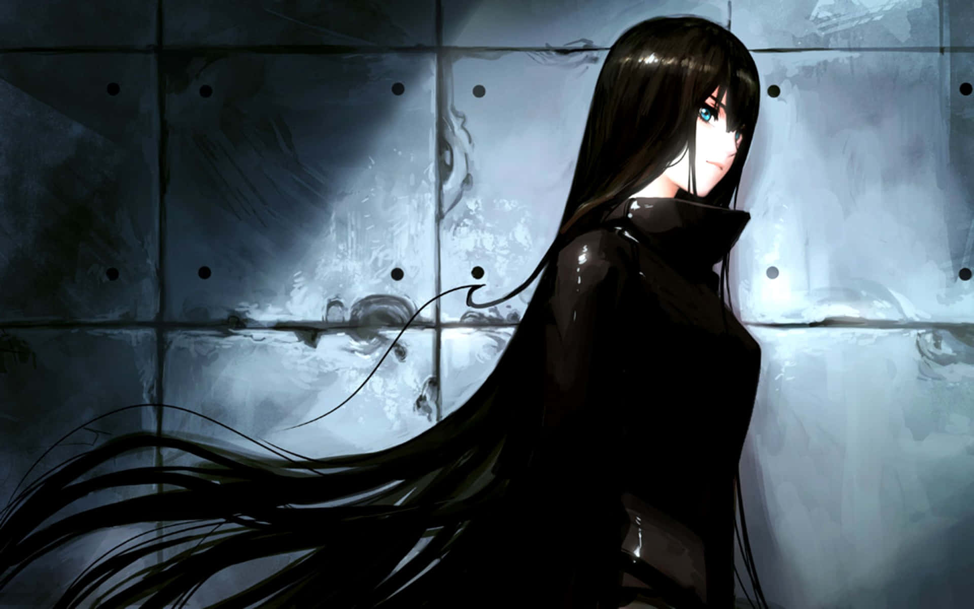 A Black Anime Girl With Long Hair Standing In A Wall Background