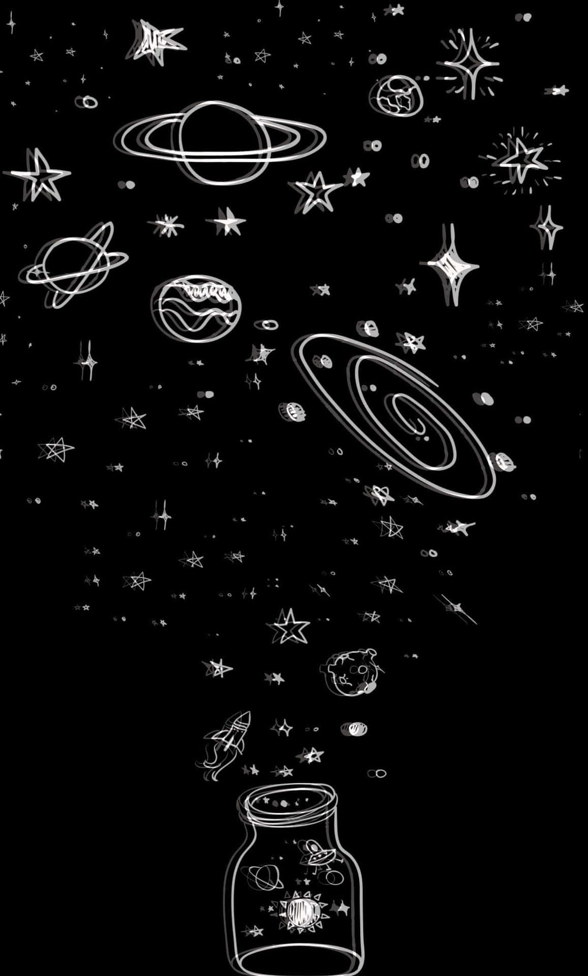 A Black Background With A Jar Of Stars And Planets Background