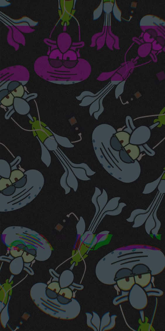 A Black Background With A Pattern Of Cartoon Characters Background